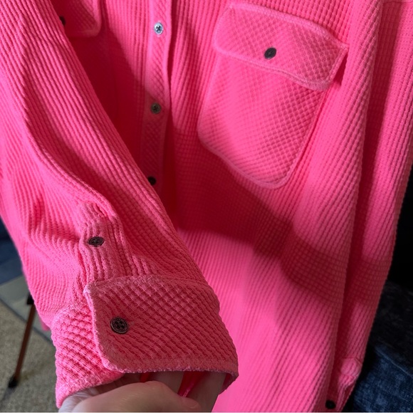 Aerie LumberJane Waffle Shirt Shacket Button Down Oversized in Coral Sun - Picture 9 of 14